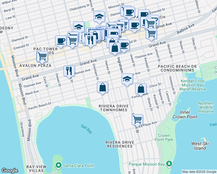map of restaurants, bars, coffee shops, grocery stores, and more near 1450 Pacific Beach Drive in San Diego