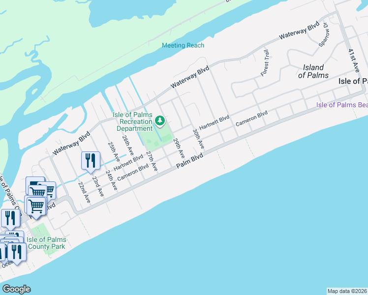 map of restaurants, bars, coffee shops, grocery stores, and more near 2901 Hartnett Boulevard in Isle of Palms