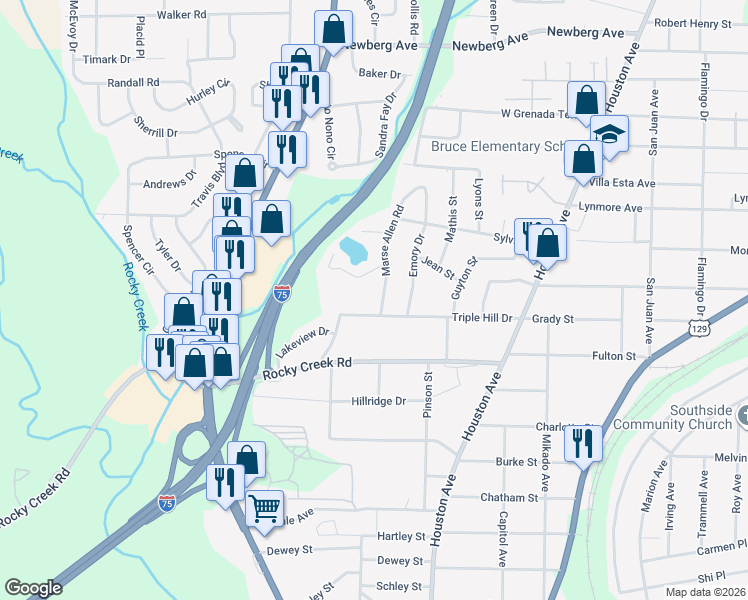 map of restaurants, bars, coffee shops, grocery stores, and more near 3983 Marse Allen Road in Macon