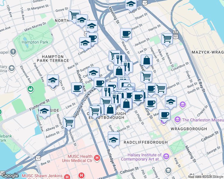 map of restaurants, bars, coffee shops, grocery stores, and more near 277 Coming Street in Charleston