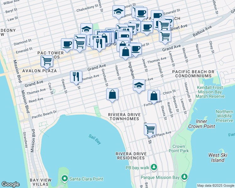map of restaurants, bars, coffee shops, grocery stores, and more near 1477 Oliver Avenue in San Diego