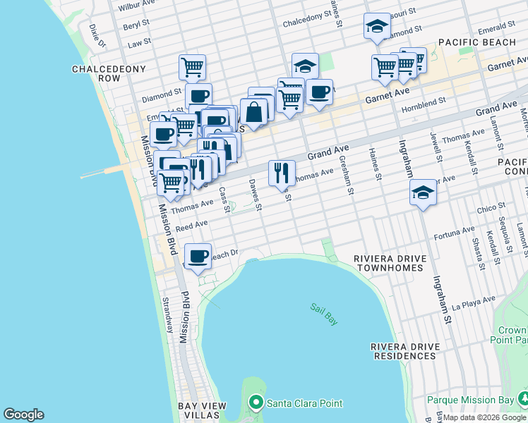 map of restaurants, bars, coffee shops, grocery stores, and more near 1105 Reed Avenue in San Diego