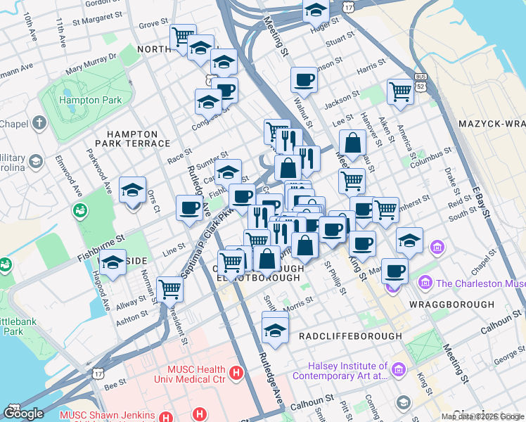 map of restaurants, bars, coffee shops, grocery stores, and more near 277 Coming Street in Charleston