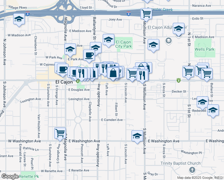 map of restaurants, bars, coffee shops, grocery stores, and more near 575 East Main Street in El Cajon