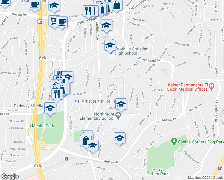 map of restaurants, bars, coffee shops, grocery stores, and more near 9382 De Camp Drive in La Mesa