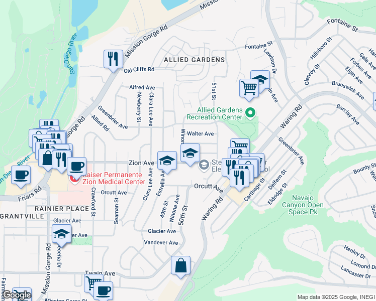 map of restaurants, bars, coffee shops, grocery stores, and more near 4942 Chaucer Avenue in San Diego
