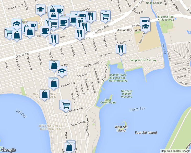 map of restaurants, bars, coffee shops, grocery stores, and more near 4036 Honeycutt Street in San Diego