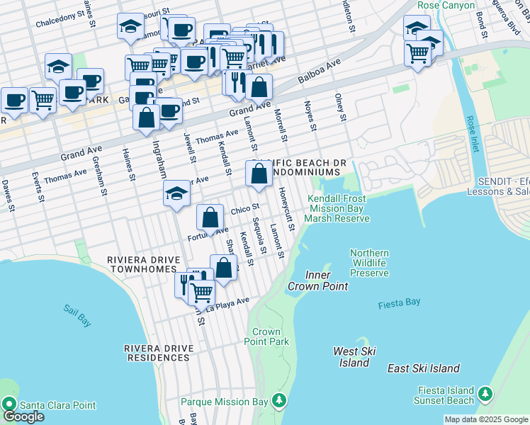 map of restaurants, bars, coffee shops, grocery stores, and more near 4065 Sequoia Street in San Diego