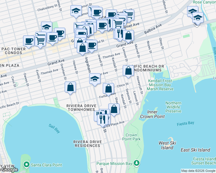 map of restaurants, bars, coffee shops, grocery stores, and more near 4081B Pacific Beach Drive in San Diego