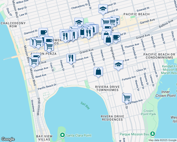 map of restaurants, bars, coffee shops, grocery stores, and more near 1319 Reed Avenue in San Diego