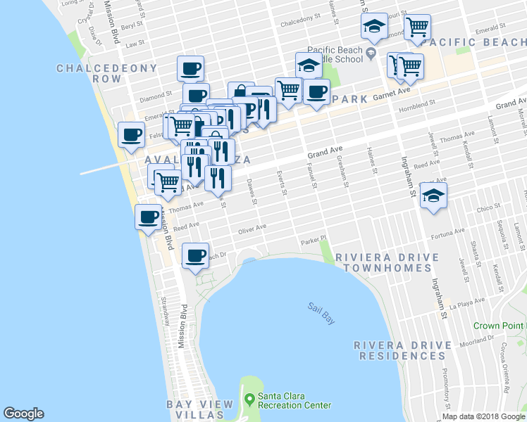 map of restaurants, bars, coffee shops, grocery stores, and more near 4275 Dawes Street in San Diego