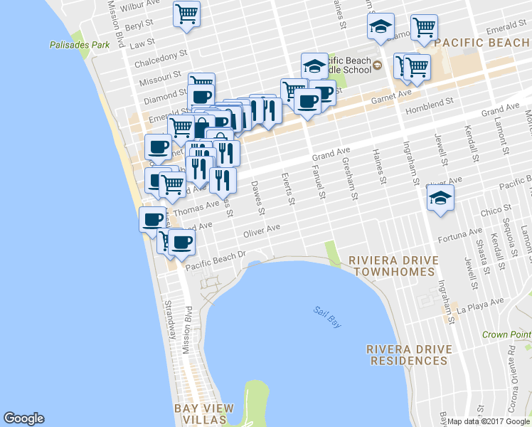 map of restaurants, bars, coffee shops, grocery stores, and more near 4275 Dawes Street in San Diego