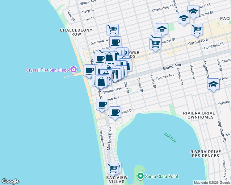 map of restaurants, bars, coffee shops, grocery stores, and more near 930 Thomas Avenue in San Diego