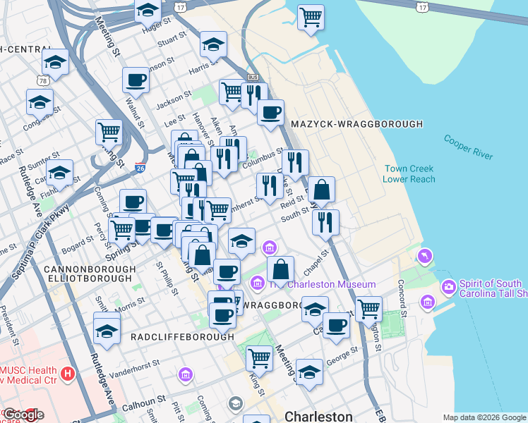 map of restaurants, bars, coffee shops, grocery stores, and more near in Charleston