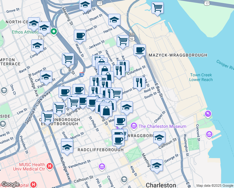 map of restaurants, bars, coffee shops, grocery stores, and more near 52 Nassau Street in Charleston