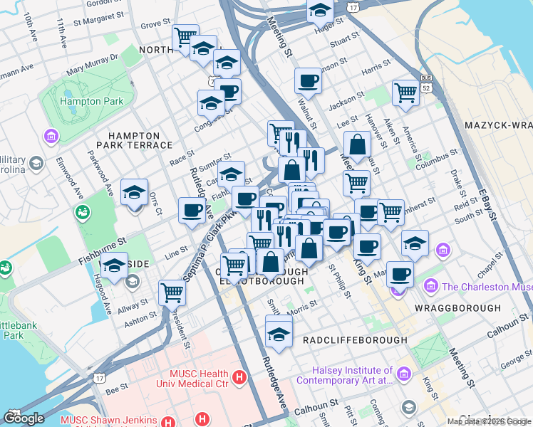 map of restaurants, bars, coffee shops, grocery stores, and more near 277 Coming Street in Charleston