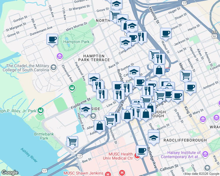 map of restaurants, bars, coffee shops, grocery stores, and more near 319 Ashley Avenue in Charleston