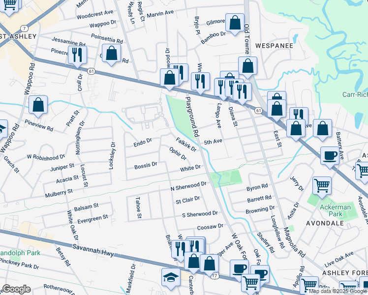 map of restaurants, bars, coffee shops, grocery stores, and more near 18 Falkirk Drive in Charleston