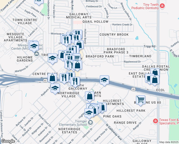 map of restaurants, bars, coffee shops, grocery stores, and more near 931 U.S. 80 in Mesquite
