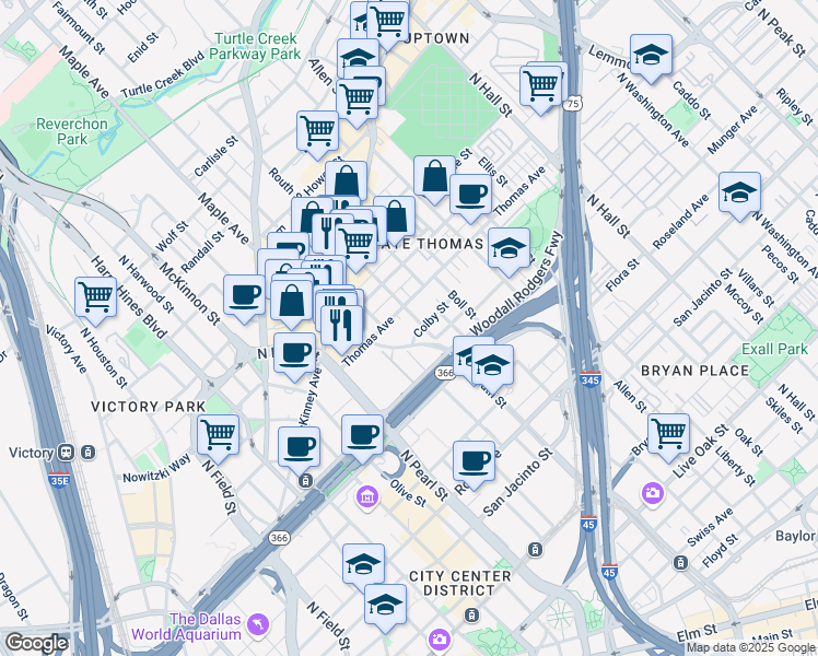 map of restaurants, bars, coffee shops, grocery stores, and more near 2600 Thomas Avenue in Dallas
