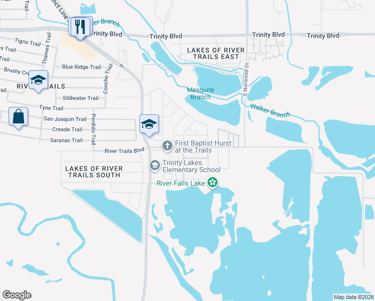 map of restaurants, bars, coffee shops, grocery stores, and more near 2628 Walker Creek Road in Fort Worth