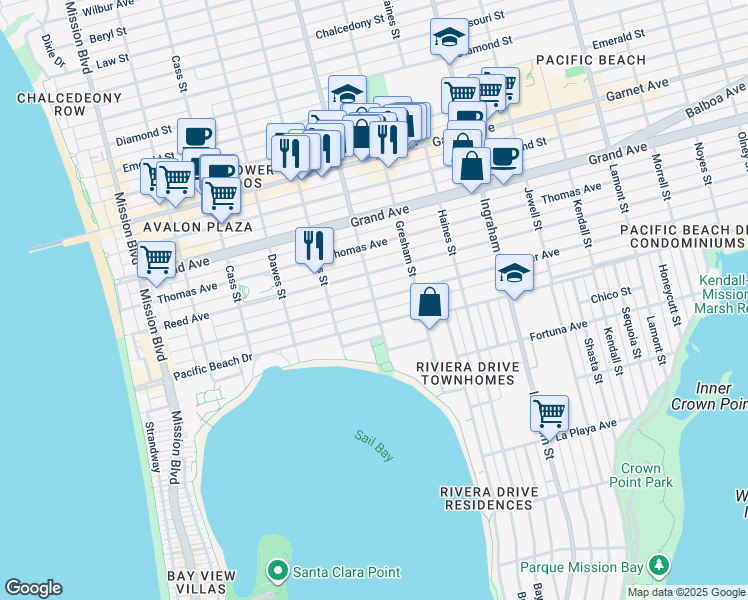 map of restaurants, bars, coffee shops, grocery stores, and more near Fanuel Street & Oliver Avenue in San Diego