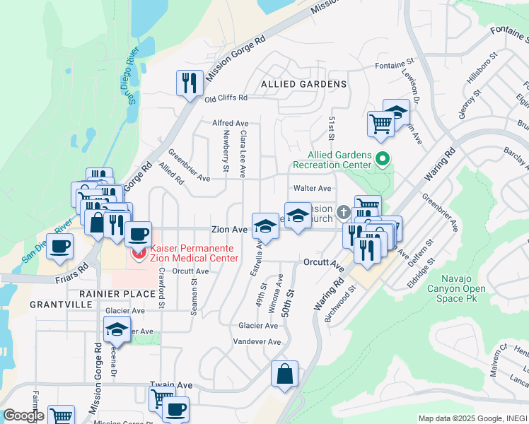 map of restaurants, bars, coffee shops, grocery stores, and more near 6645 Estrella Avenue in San Diego
