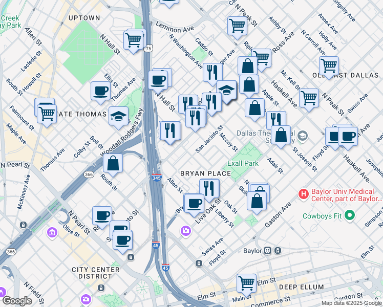 map of restaurants, bars, coffee shops, grocery stores, and more near 1012 Pavillion Street in Dallas