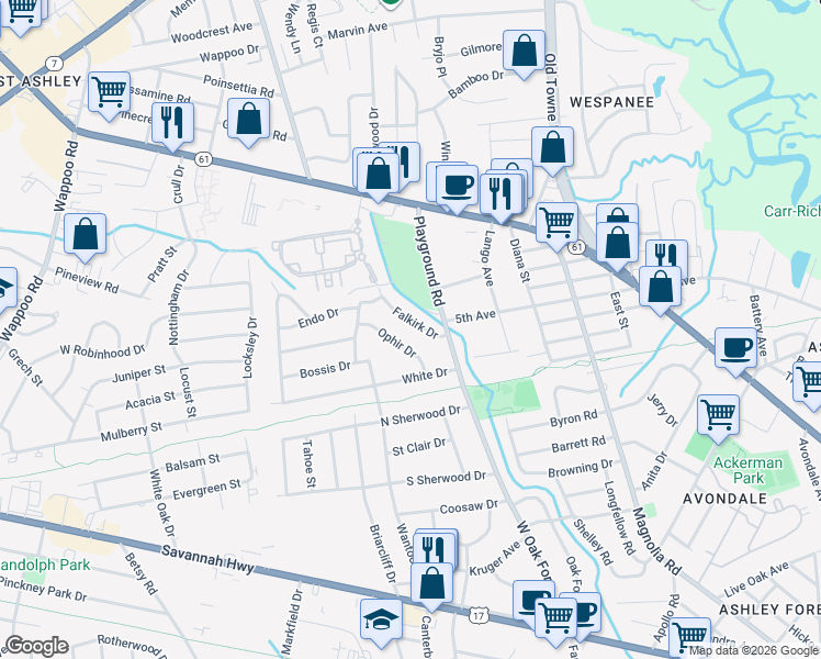 map of restaurants, bars, coffee shops, grocery stores, and more near 18 Falkirk Drive in Charleston