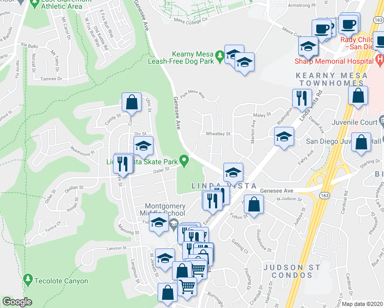 map of restaurants, bars, coffee shops, grocery stores, and more near 7000 Osler Street in San Diego