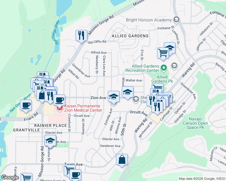 map of restaurants, bars, coffee shops, grocery stores, and more near 6645 Estrella Avenue in San Diego