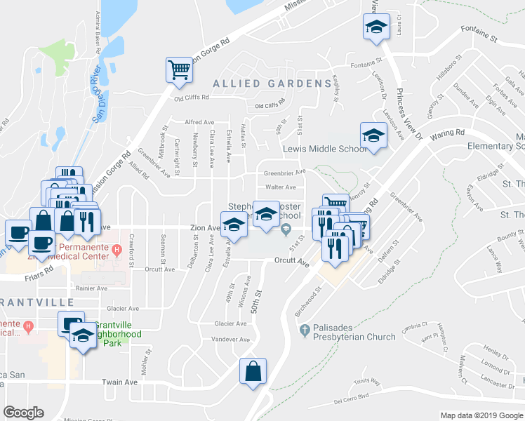 map of restaurants, bars, coffee shops, grocery stores, and more near 4942 Chaucer Avenue in San Diego