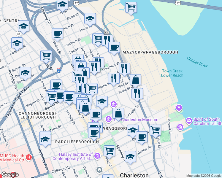 map of restaurants, bars, coffee shops, grocery stores, and more near in Charleston