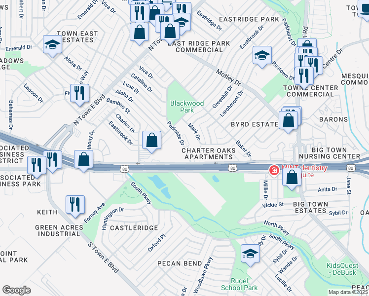 map of restaurants, bars, coffee shops, grocery stores, and more near 2812 Parkside Drive in Mesquite