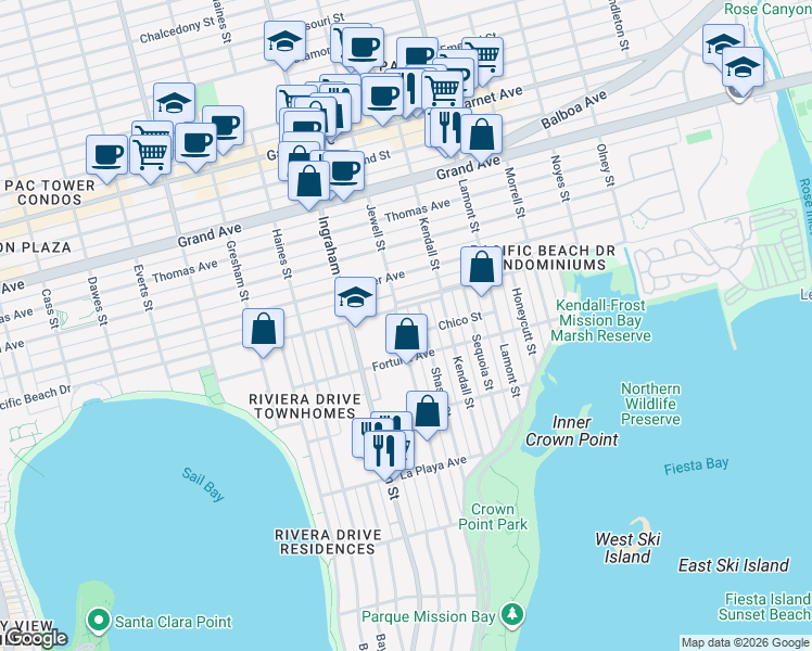 map of restaurants, bars, coffee shops, grocery stores, and more near 4081B Pacific Beach Drive in San Diego