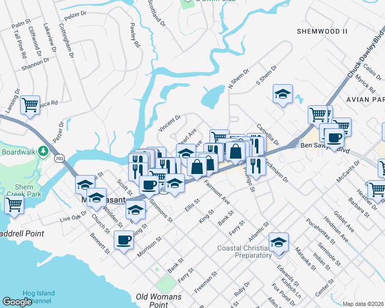 map of restaurants, bars, coffee shops, grocery stores, and more near 8 Joyce Avenue in Mount Pleasant