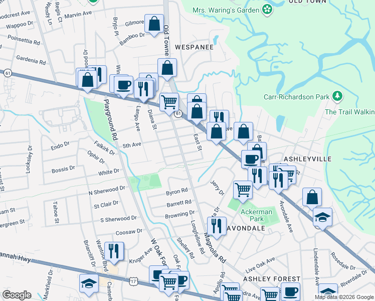map of restaurants, bars, coffee shops, grocery stores, and more near 1138 Carnegie Avenue in Charleston