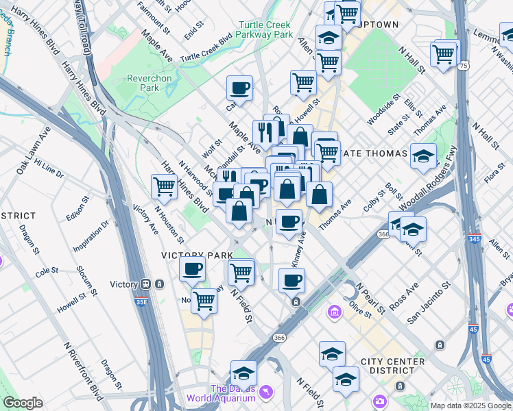 map of restaurants, bars, coffee shops, grocery stores, and more near 2199 Cedar Springs Road in Dallas