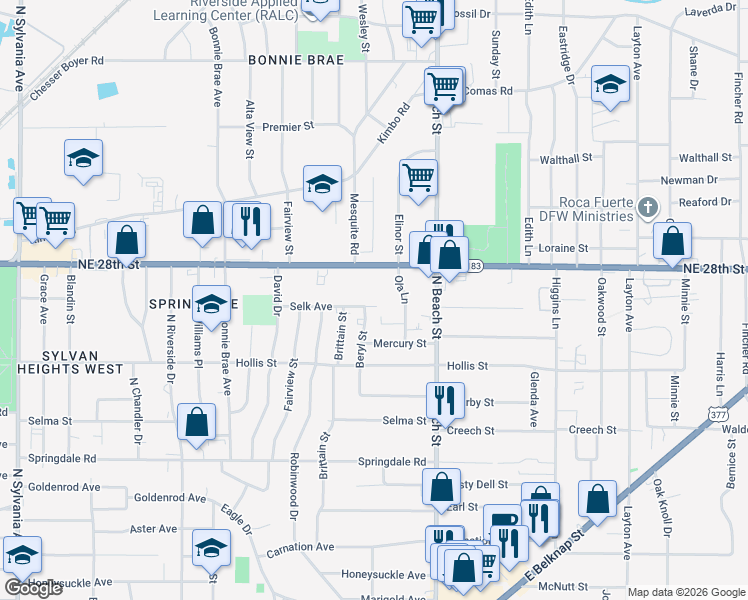 map of restaurants, bars, coffee shops, grocery stores, and more near 3722 Northeast 28th Street in Haltom City