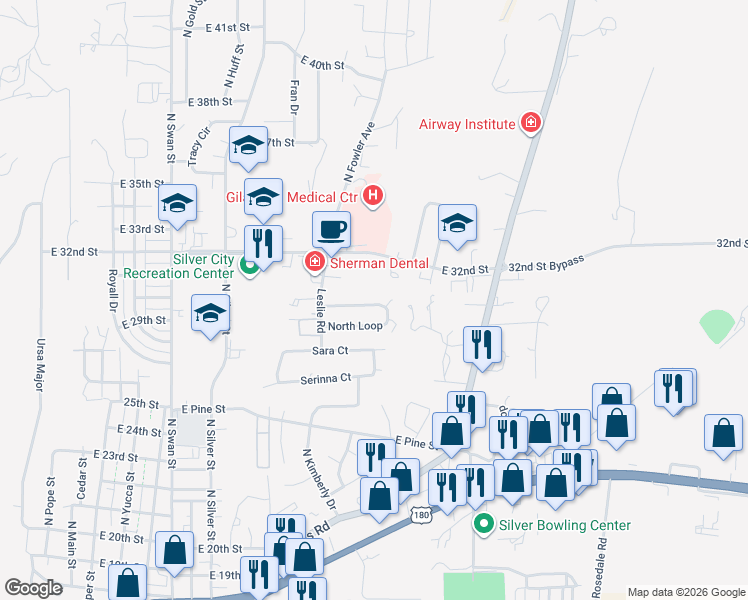 map of restaurants, bars, coffee shops, grocery stores, and more near 1336 North Loop in Silver City