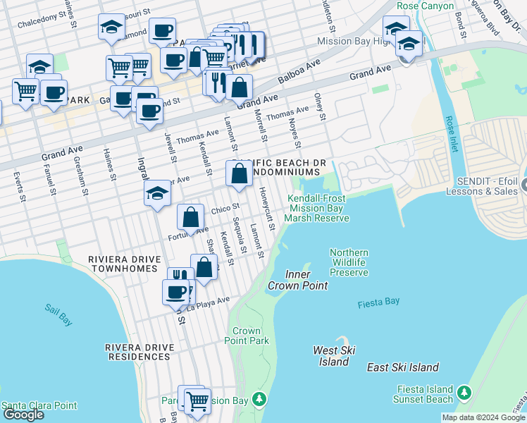 map of restaurants, bars, coffee shops, grocery stores, and more near 1938 Fortuna Avenue in San Diego