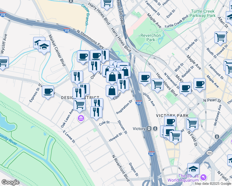 map of restaurants, bars, coffee shops, grocery stores, and more near 1548 Slocum Street in Dallas