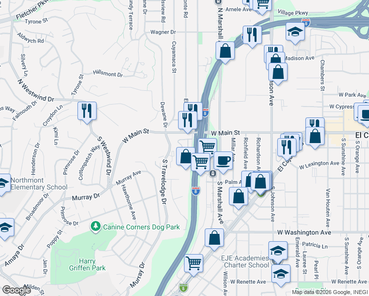 map of restaurants, bars, coffee shops, grocery stores, and more near 134 South Pierce Street in El Cajon