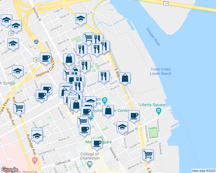 map of restaurants, bars, coffee shops, grocery stores, and more near 27 Reid Street in Charleston