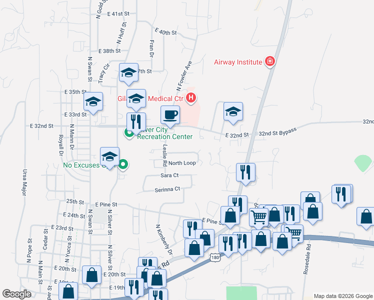 map of restaurants, bars, coffee shops, grocery stores, and more near 1336 North Loop in Silver City