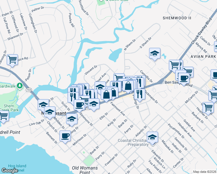 map of restaurants, bars, coffee shops, grocery stores, and more near 15 Shem Drive in Mount Pleasant