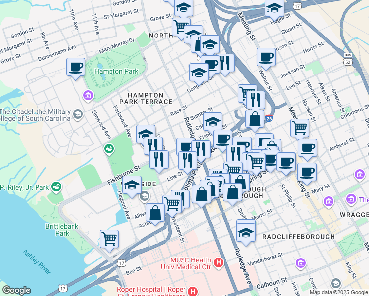map of restaurants, bars, coffee shops, grocery stores, and more near 4 Larnes Street in Charleston