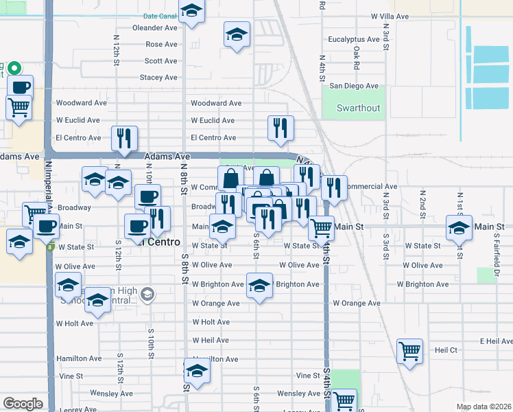 map of restaurants, bars, coffee shops, grocery stores, and more near 200 North 6th Street in El Centro
