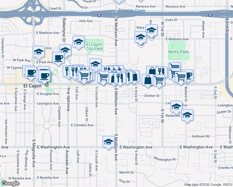 map of restaurants, bars, coffee shops, grocery stores, and more near 115 South Mollison Avenue in El Cajon