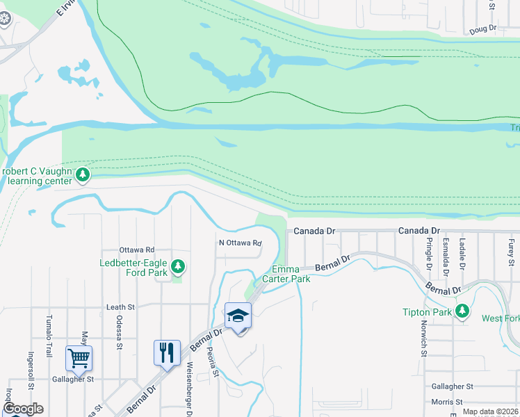 map of restaurants, bars, coffee shops, grocery stores, and more near 4511 Mexicana Road in Dallas